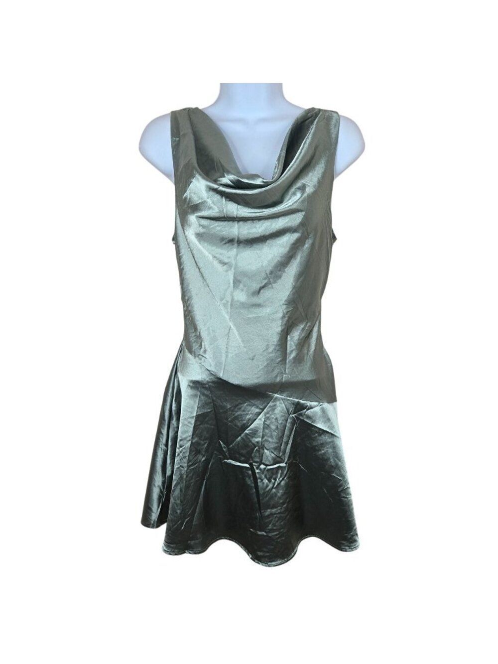 Forever 21 Metallic Green Sleeveless Cowl Neck Fit & Flare Dress XS Satin Fairy